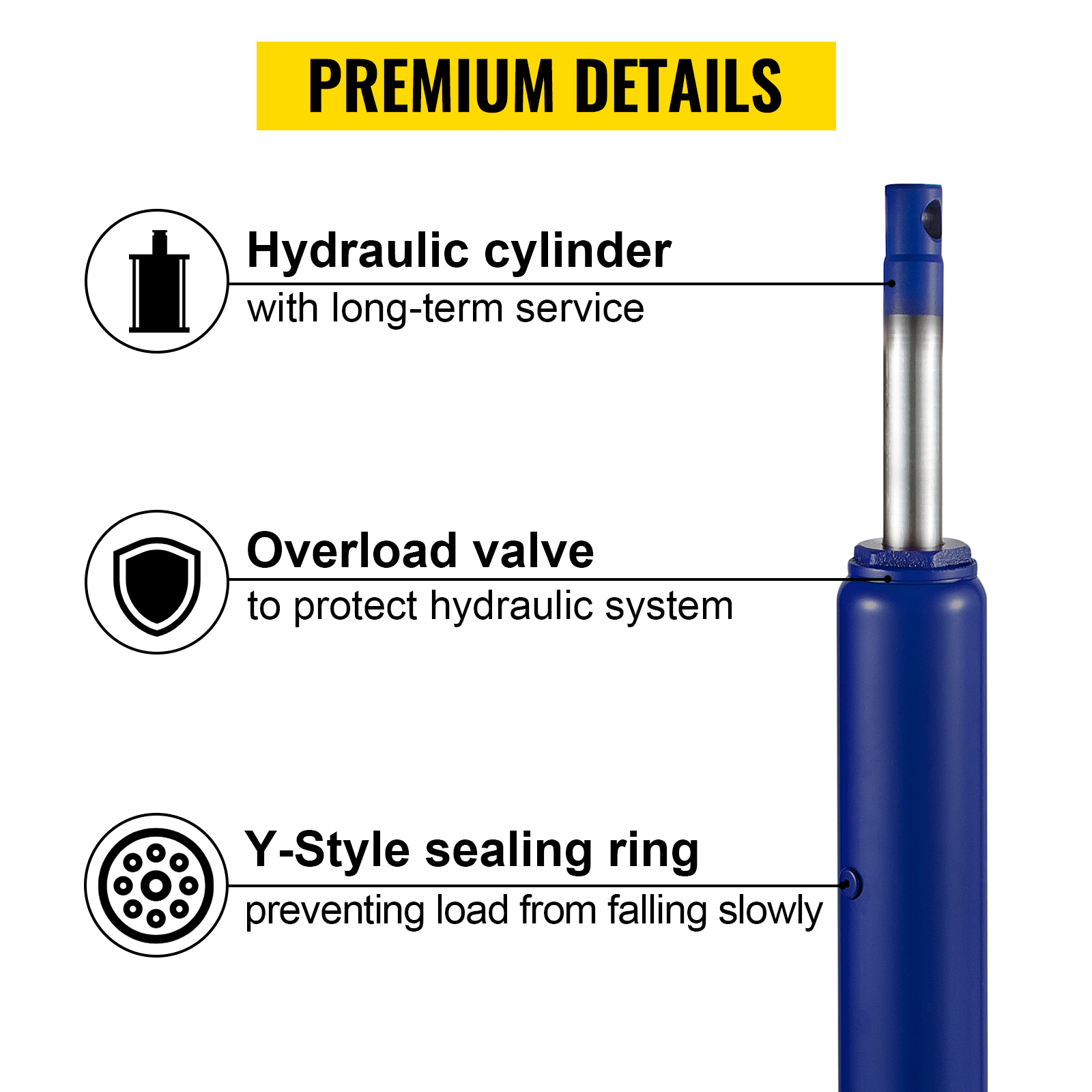 VEVOR hydraulic long ram jack with overload valve and y-style sealing ring.