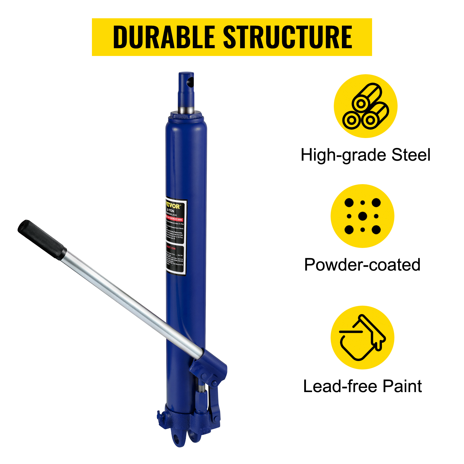 VEVOR hydraulic long ram jack with a high-grade steel, powder-coated, lead-free paint.
