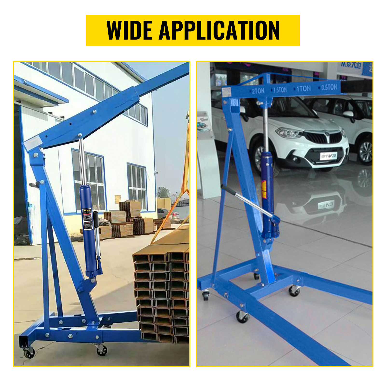 VEVOR hydraulic long ram jack in outdoor and indoor applications.