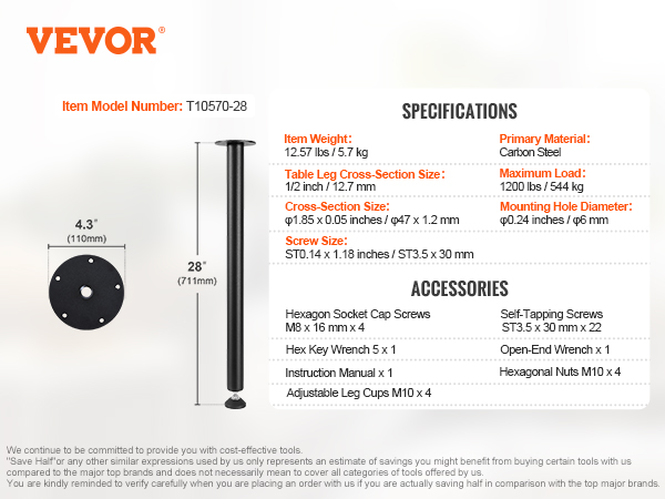 VEVOR adjustable desk legs, model t10570-28, carbon steel, 28" height, 1200 lbs load capacity.