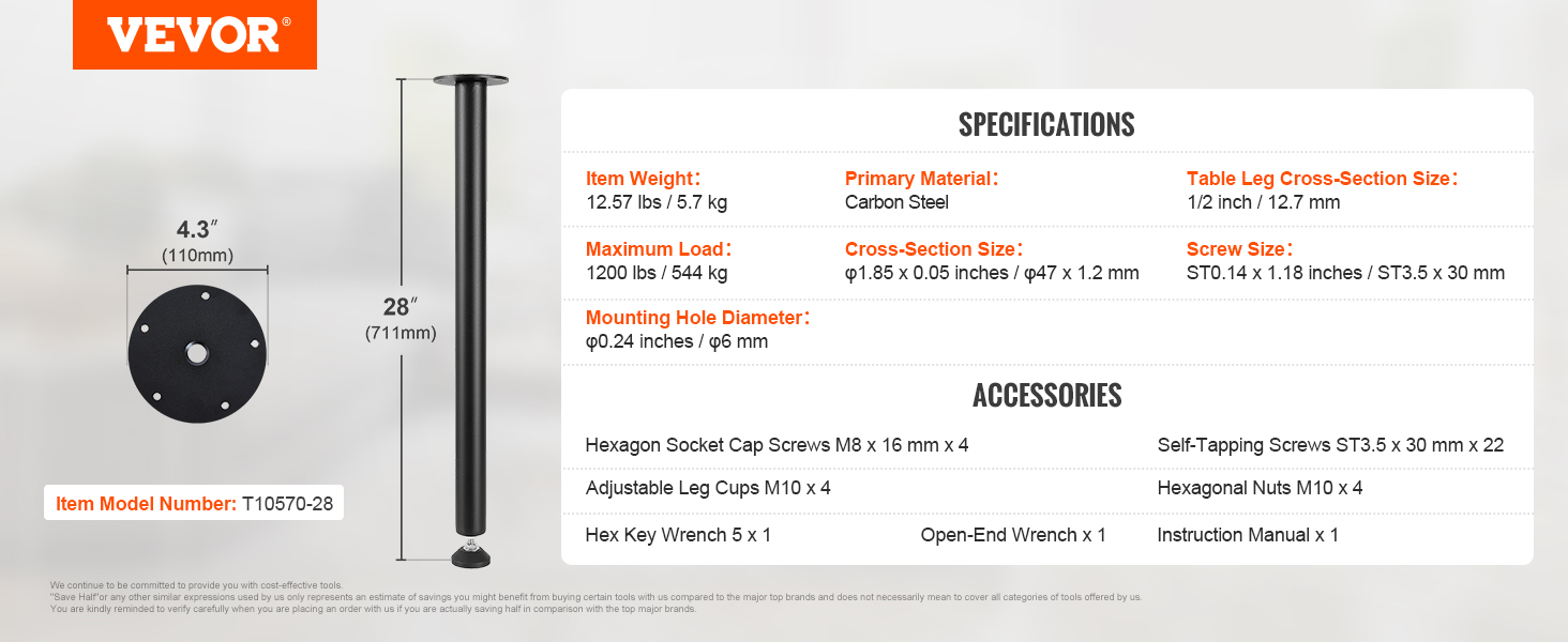 VEVOR adjustable desk legs, model t10570-28, carbon steel, 28" height, 1200 lbs load capacity.
