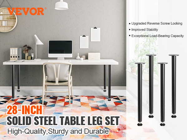 VEVOR adjustable desk legs 28-inch solid steel set under a sleek white desk in a modern office setting.