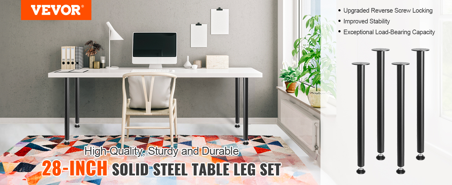 VEVOR adjustable desk legs 28-inch solid steel set under a sleek white desk in a modern office setting.