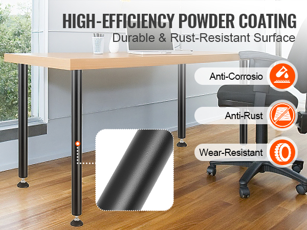 VEVOR adjustable desk legs in a modern office with high-efficiency powder coating, anti-rust and wear-resistant.
