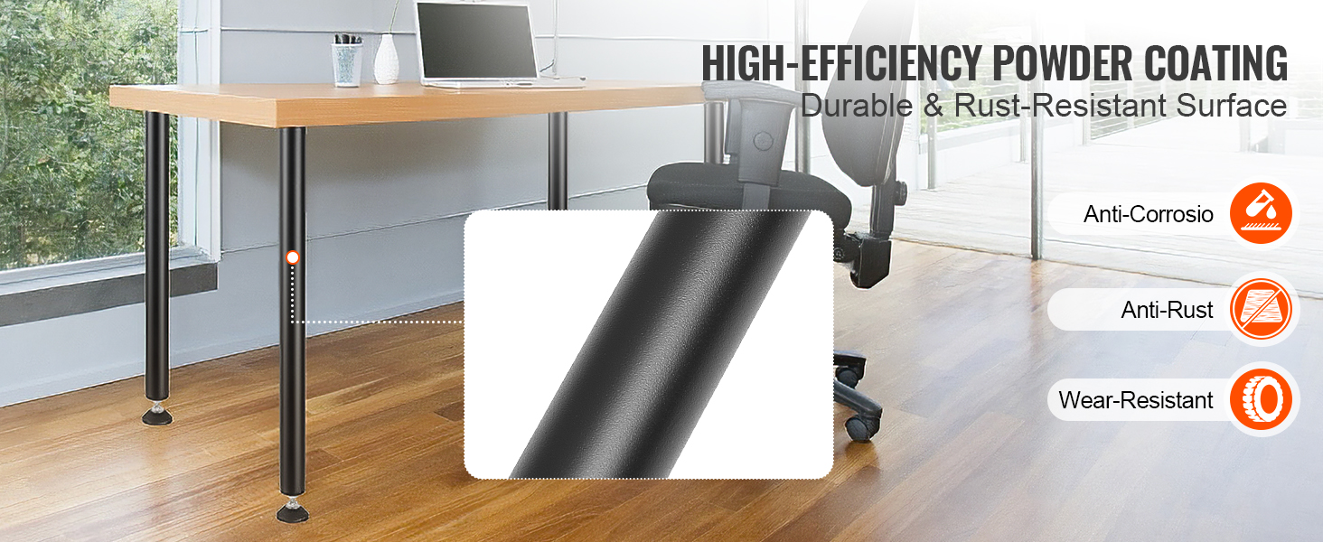 VEVOR adjustable desk legs in a modern office with high-efficiency powder coating, anti-rust and wear-resistant.