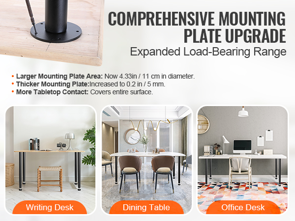 VEVOR adjustable desk legs, showcasing mounting plate upgrade for writing, dining, and office desks.