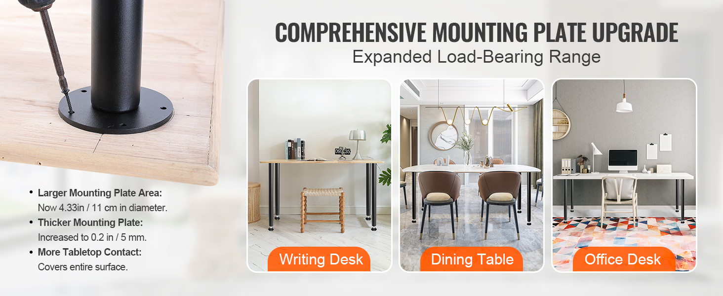 VEVOR adjustable desk legs, showcasing mounting plate upgrade for writing, dining, and office desks.