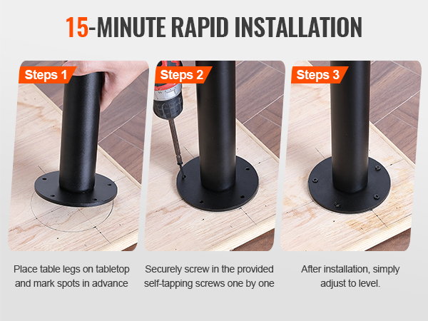 VEVOR adjustable desk legs installation in 3 steps: place, screw, and adjust for leveling.