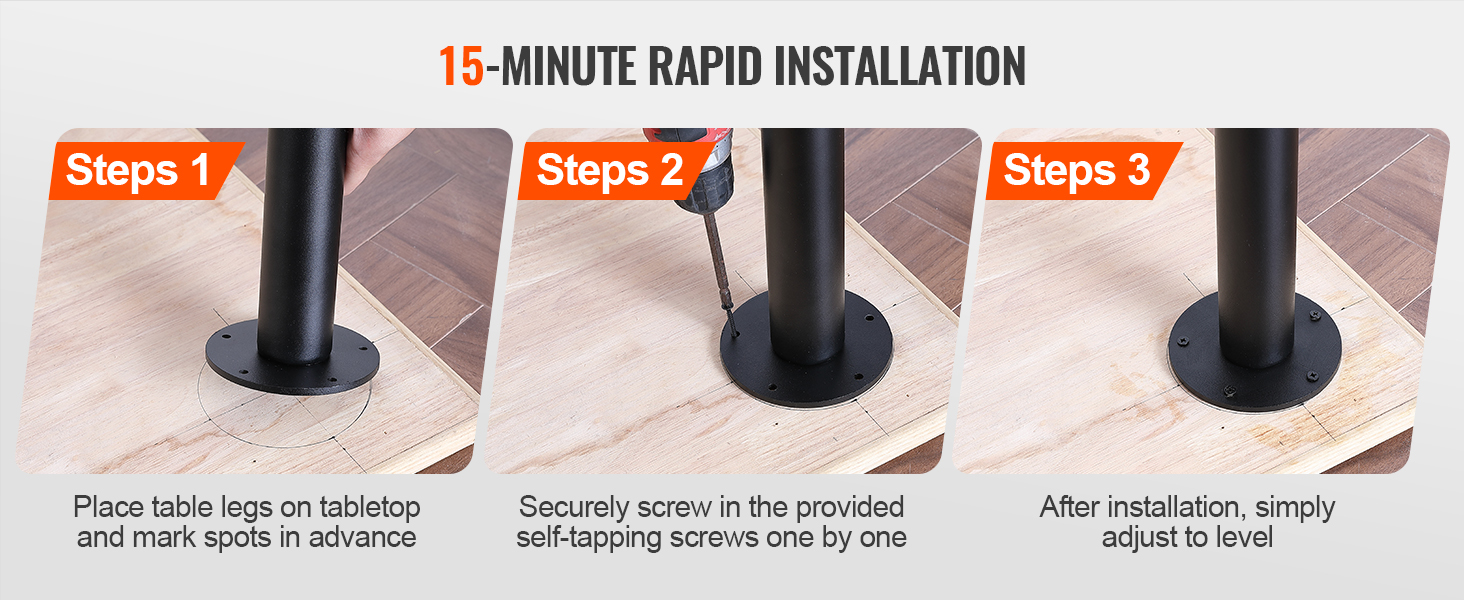 VEVOR adjustable desk legs installation in 3 steps: place, screw, and adjust for leveling.