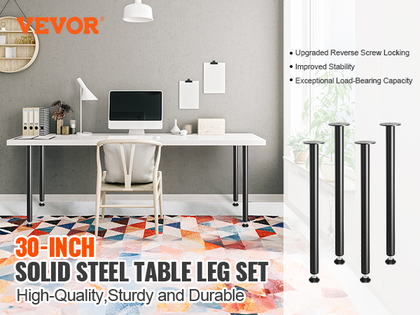 VEVOR desk legs: 30-inch solid steel table leg set, high-quality, sturdy, durable, with improved stability.