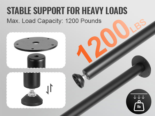 VEVOR desk legs, black, 1200 lbs load capacity, stable support, adjustable feet, heavy-duty construction.