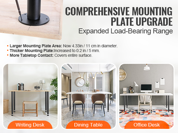 VEVOR desk legs with larger, thicker mounting plates, shown on writing desk, dining table, and office desk.