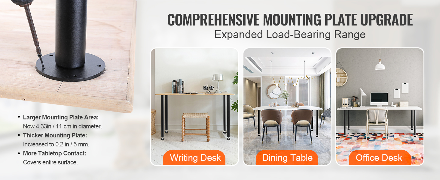 VEVOR desk legs with larger, thicker mounting plates, shown on writing desk, dining table, and office desk.