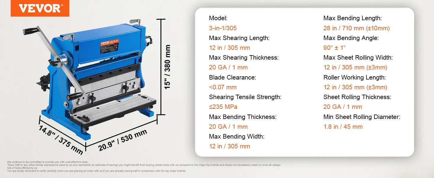 VEVOR sheet metal brake 3-in-1/305, blue machine with specifications for shearing, bending, and rolling.