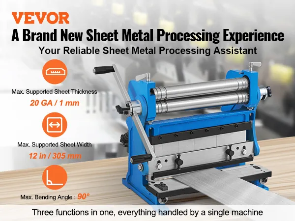 VEVOR sheet metal brake with adjustable rollers, handles 20 ga thickness, 12 in width, 90° bending angle.