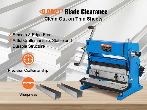 VEVOR sheet metal brake with <0.0027" blade clearance for smooth, edge-free cuts on thin sheets.