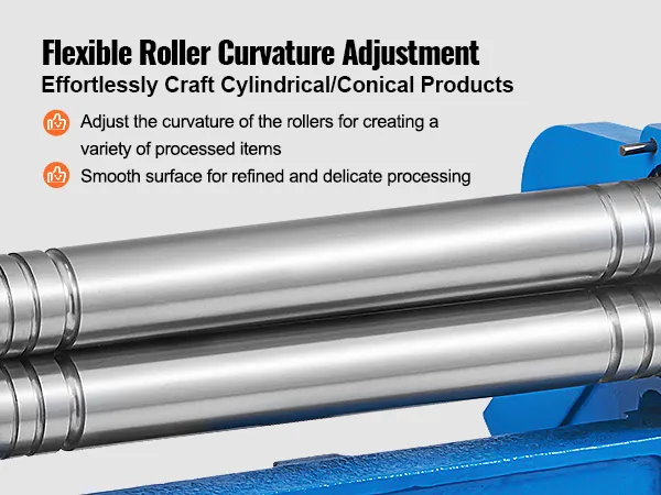VEVOR sheet metal brake with adjustable rollers for crafting cylindrical and conical products.