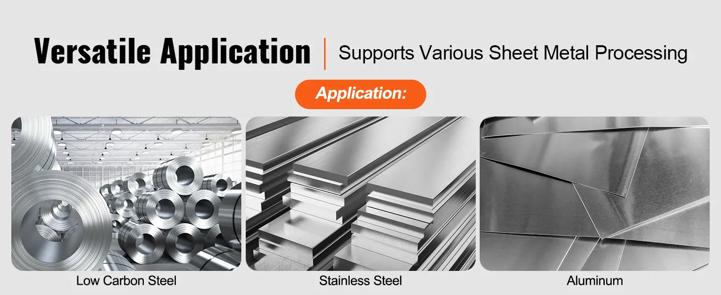 versatile VEVOR sheet metal brake for low carbon steel, stainless steel, and aluminum processing.