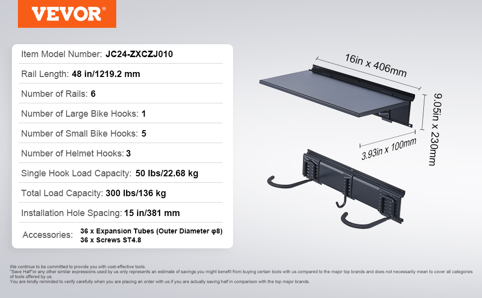 VEVOR bike storage rack with specs: 48in rail, holds 1 large bike, 5 small bikes, 3 helmets, max 300 lbs.