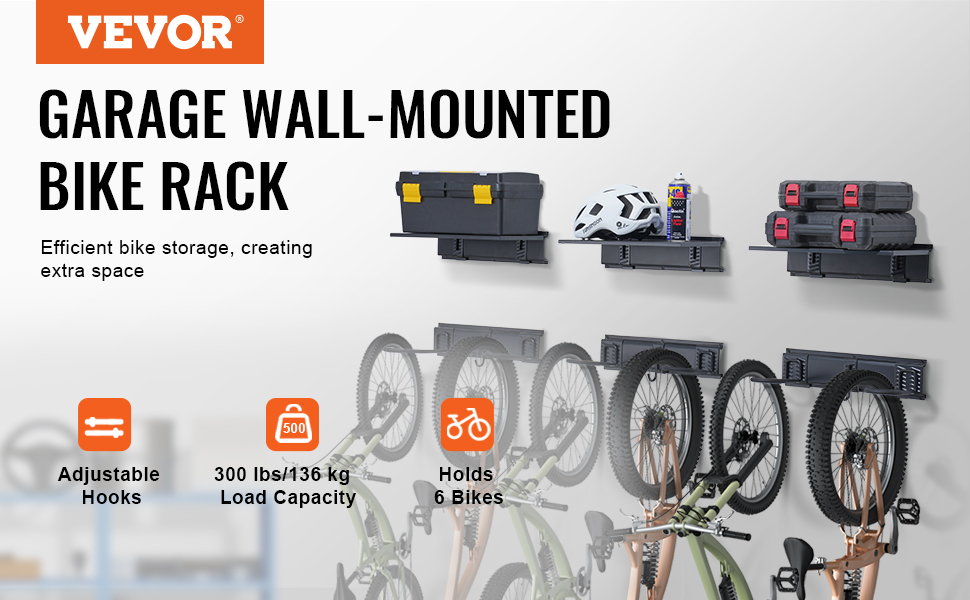 VEVOR bike storage rack with wall-mounted hooks, 300 lbs load capacity, holding 6 bikes in a garage.