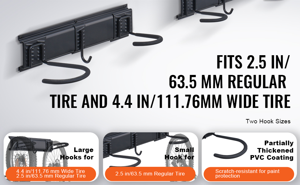 VEVOR bike storage rack features hooks for 2.5-inch regular and 4.4-inch wide tires, scratch-resistant pvc.