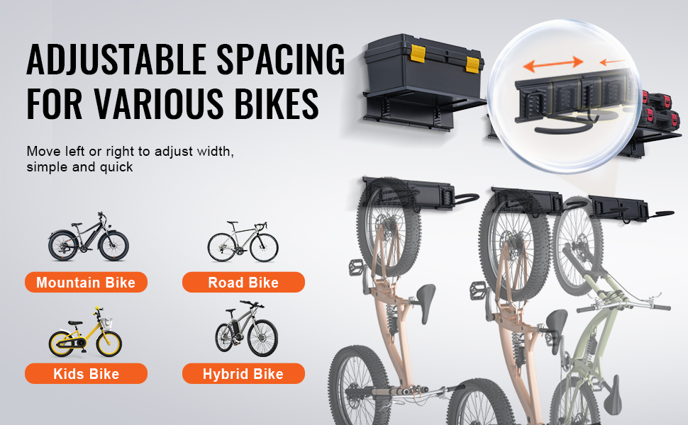 VEVOR bike storage rack features adjustable spacing for mountain, road, hybrid, and kids bikes.
