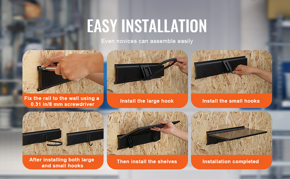 easy installation steps for VEVOR bike storage rack on wooden wall, showcasing shelf and hook setup.