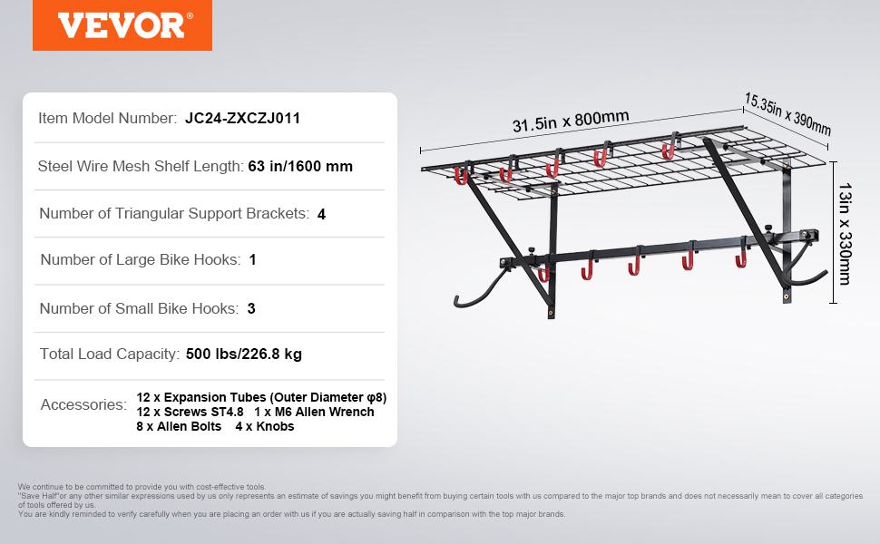 VEVOR bike storage rack with steel wire mesh shelf, supports up to 500 lbs, multiple hooks included.