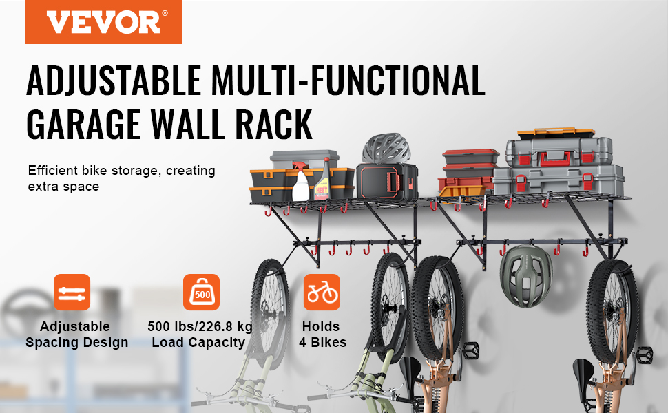 VEVOR bike storage rack: adjustable garage wall rack for 4 bikes, 500 lbs capacity, space-saving design.