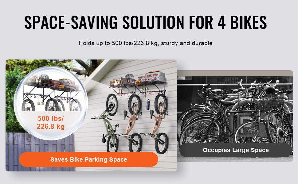 VEVOR bike storage rack holds 4 bikes, saving space, supports 500 lbs, sturdy and durable.