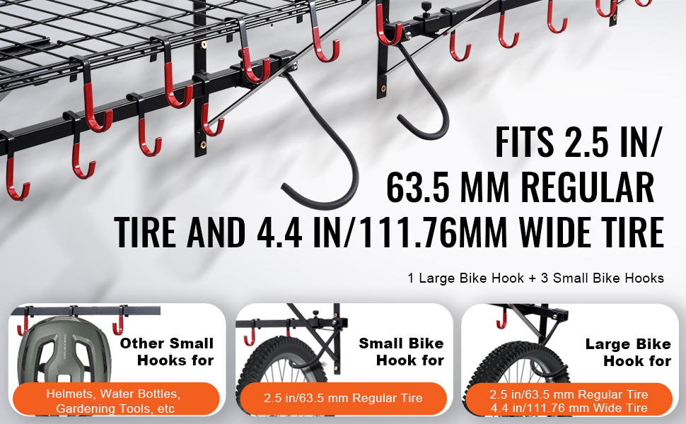 VEVOR bike storage rack with hooks for helmets, water bottles, and tires of different sizes