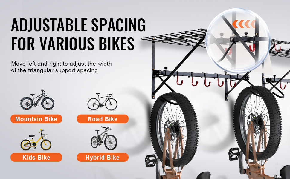 VEVOR bike storage rack with adjustable spacing, accommodating mountain, road, kids, and hybrid bikes.