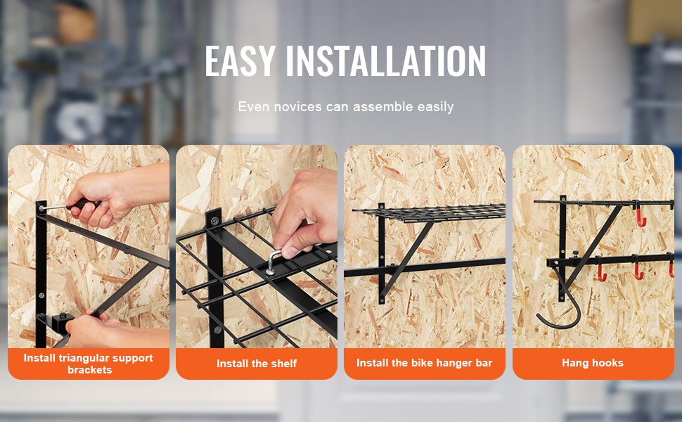 easy installation steps for VEVOR bike storage rack: bracket, shelf, hanger bar, and hooks assembly.