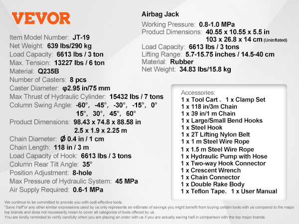 VEVOR auto body frame straightener specs, load capacity 3 tons, max tension 6 tons, includes various tools.