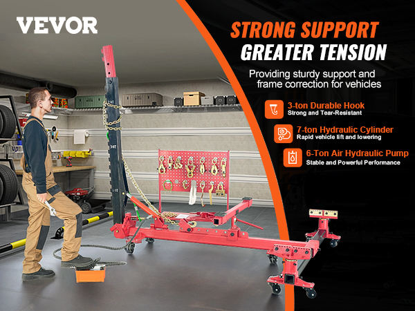 VEVOR auto body frame straightener with 3-ton hook, 7-ton hydraulic cylinder, and 6-ton air pump.