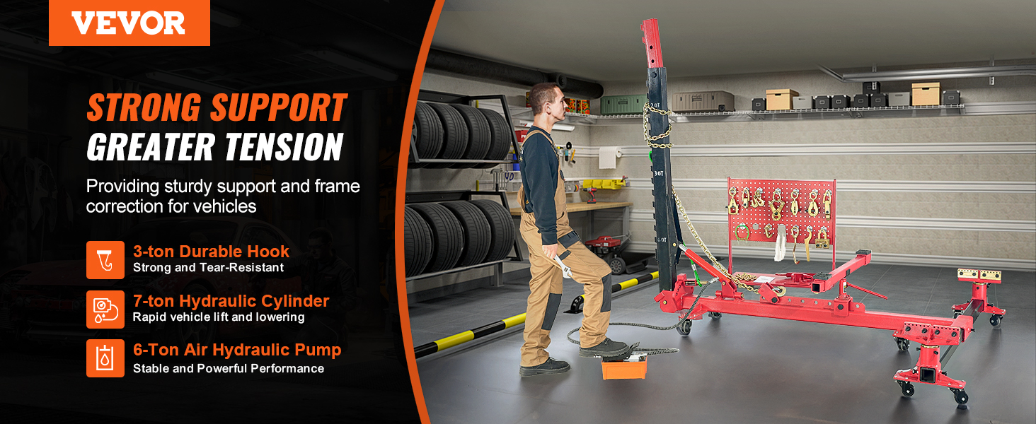 VEVOR auto body frame straightener with 3-ton hook, 7-ton hydraulic cylinder, and 6-ton air pump.