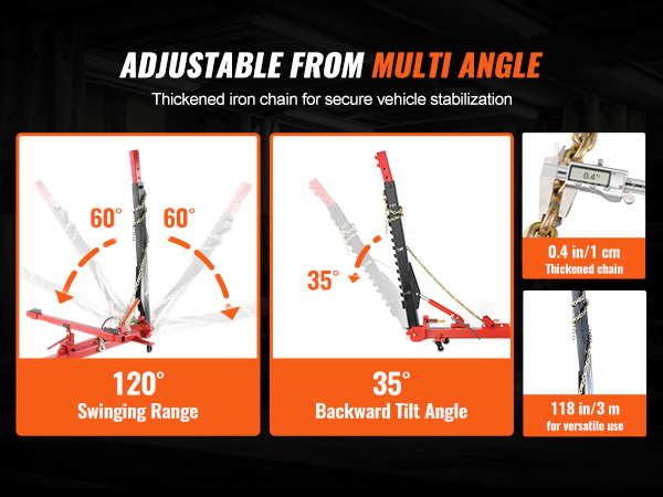 VEVOR auto body frame straightener with adjustable angles, thickened iron chain, 120° swing, 35° tilt.