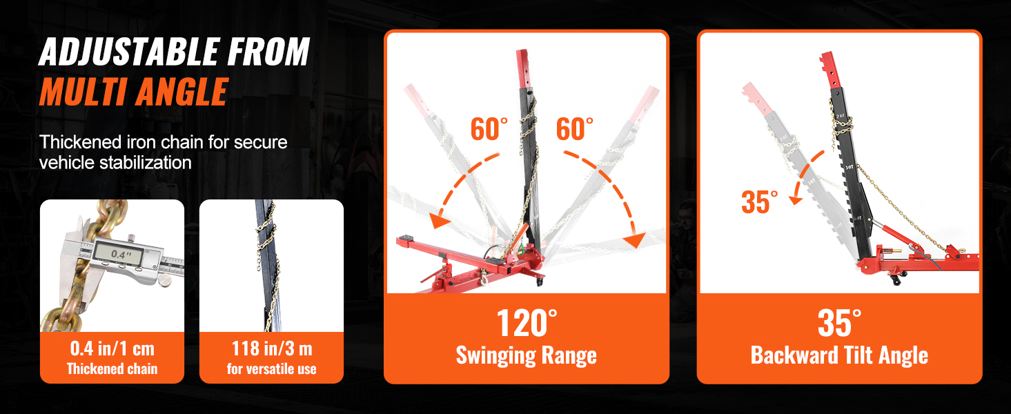 VEVOR auto body frame straightener with adjustable angles, thickened iron chain, 120° swing, 35° tilt.