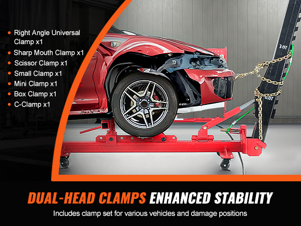 VEVOR auto body frame straightener with dual-head clamps, enhancing stability for various vehicle repairs.