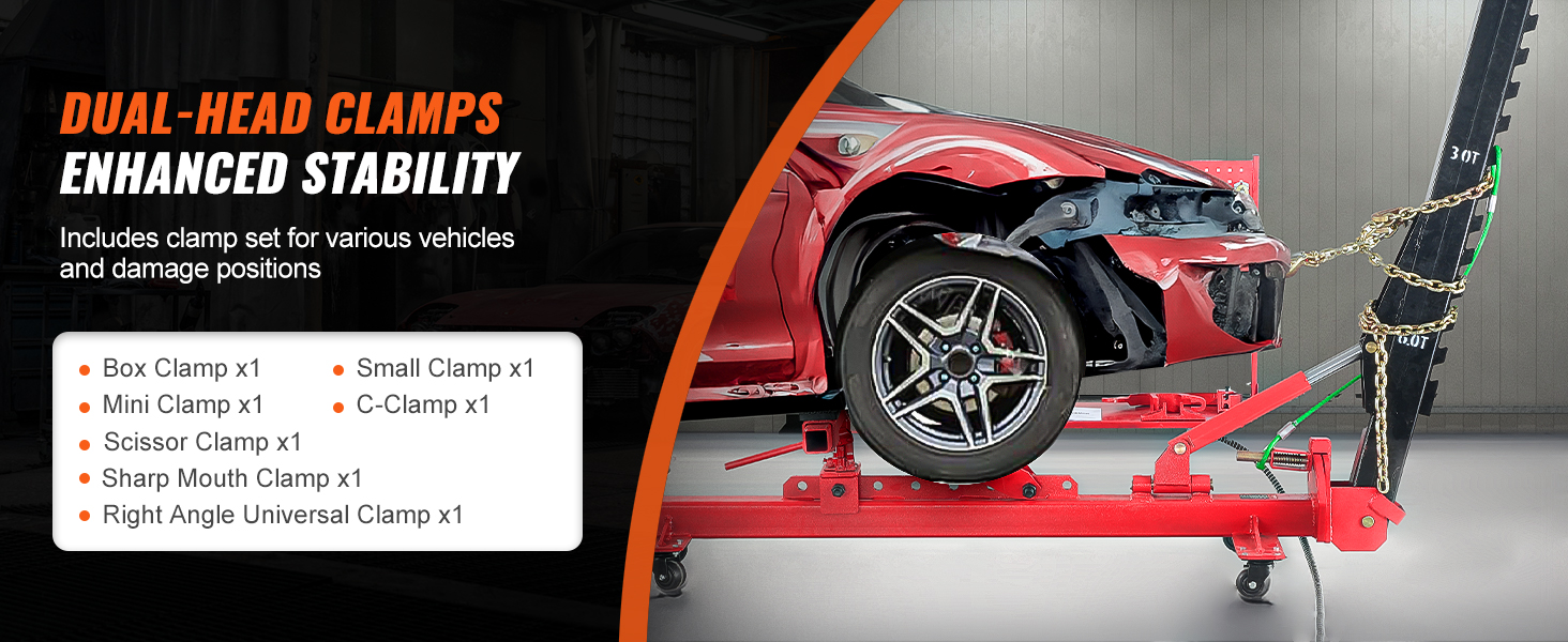 VEVOR auto body frame straightener with dual-head clamps, enhancing stability for various vehicle repairs.