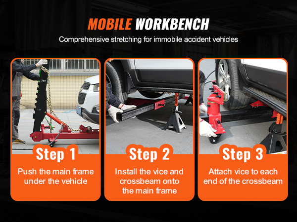 VEVOR auto body frame straightener setup steps under a vehicle, with instructions in three stages.