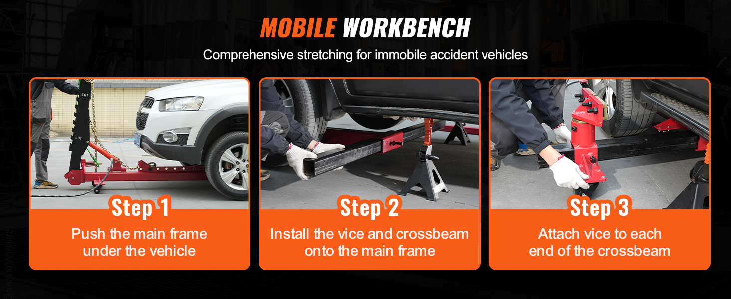 VEVOR auto body frame straightener setup steps under a vehicle, with instructions in three stages.