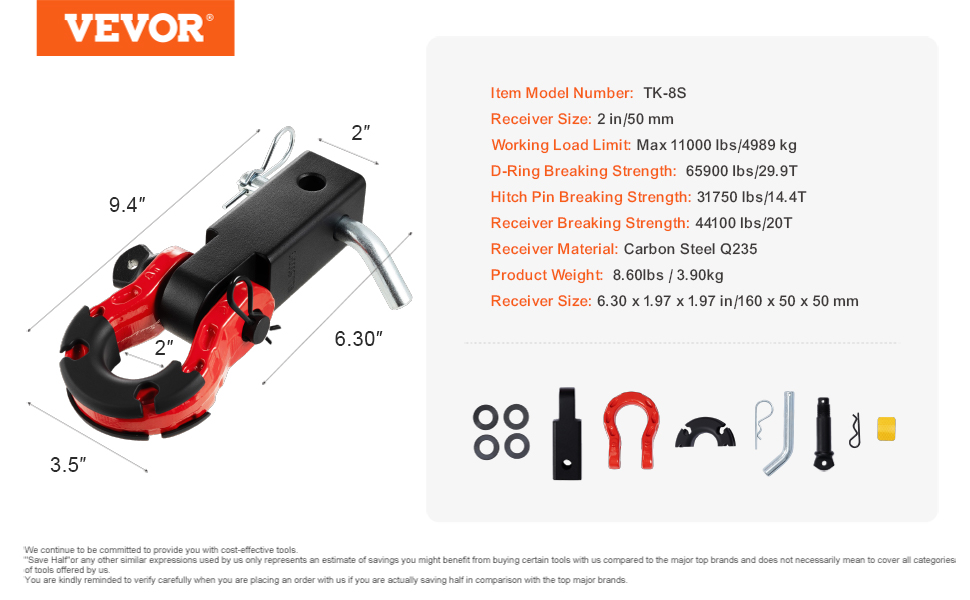 VEVOR trailer hitch receiver with d-ring, carbon steel, 11,000 lbs max load, 2-inch receiver.