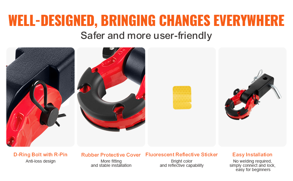 well-designed VEVOR trailer hitch receiver featuring a d-ring bolt, rubber cover, reflective sticker, and easy installation.