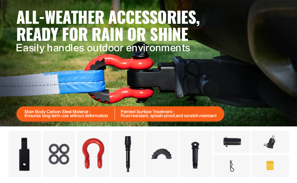 VEVOR trailer hitch receiver in use, showcasing all-weather durability and included accessories.
