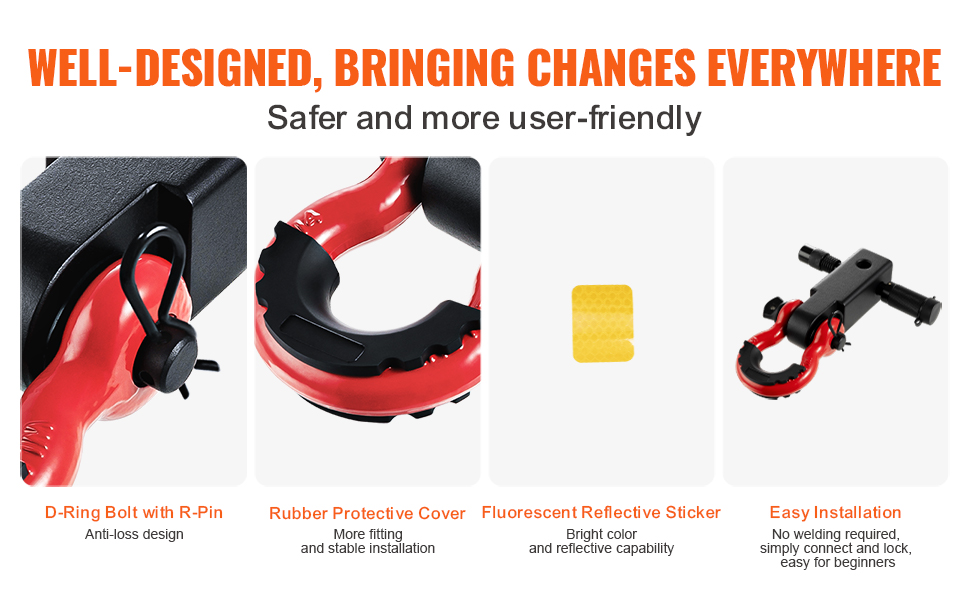 VEVOR trailer hitch receiver featuring d-ring bolt with r-pin, rubber protective cover, reflective sticker, and easy installation.