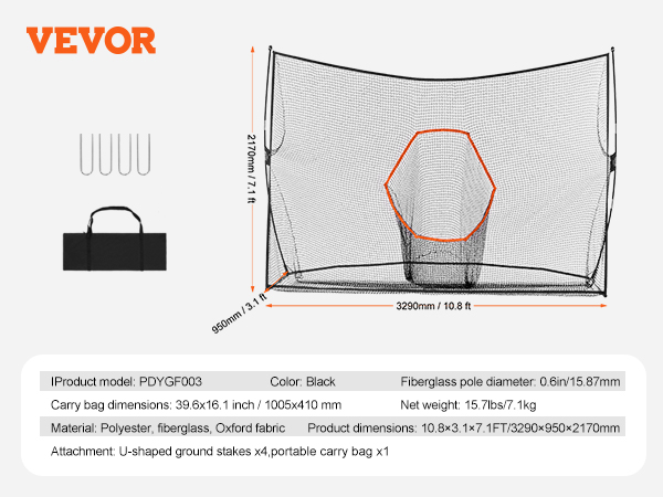 VEVOR golf practice net, portable carry bag, black with fiberglass poles, 10.8ft x 7.1ft dimensions.