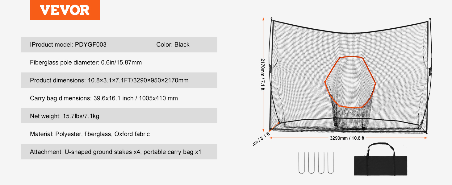 VEVOR golf practice net, portable carry bag, black with fiberglass poles, 10.8ft x 7.1ft dimensions.
