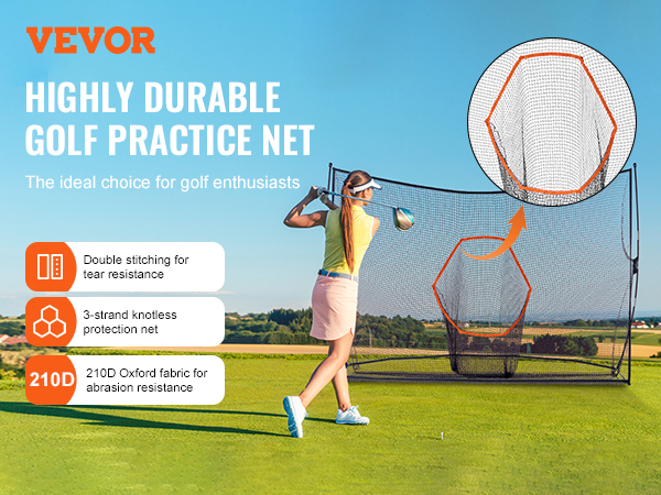 woman golfing with VEVOR golf practice net, featuring tear-resistant stitching and 210d oxford fabric.