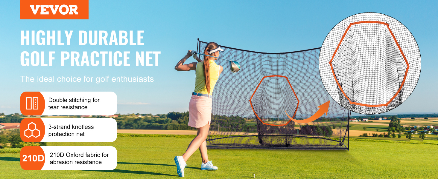 woman golfing with VEVOR golf practice net, featuring tear-resistant stitching and 210d oxford fabric.
